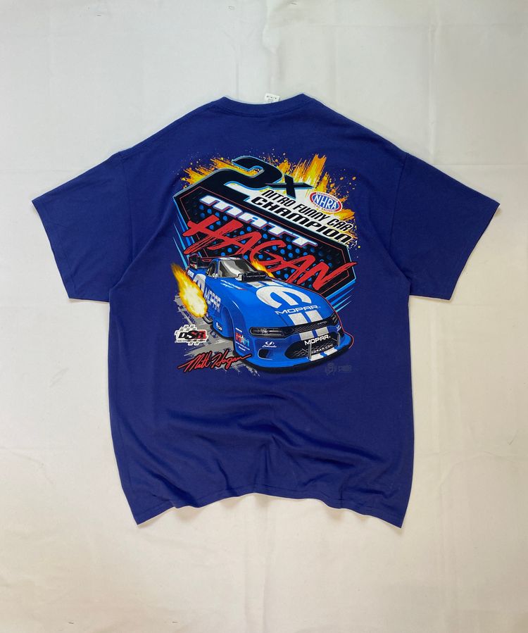 Vintage NHRA Racing Graphic Tee | Blue Matt Hagan Nitro Funny Car T-Shirt image 4