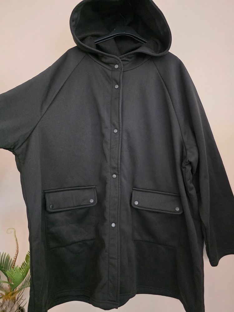 Black Fleece-Lined Hooded Snap-Button Longline Jacket (Plus Size 3XL / UK 18-22) imagen 2