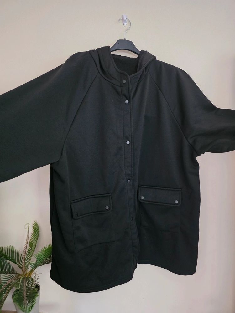 Black Fleece-Lined Hooded Snap-Button Longline Jacket (Plus Size 3XL / UK 18-22) imagen 5