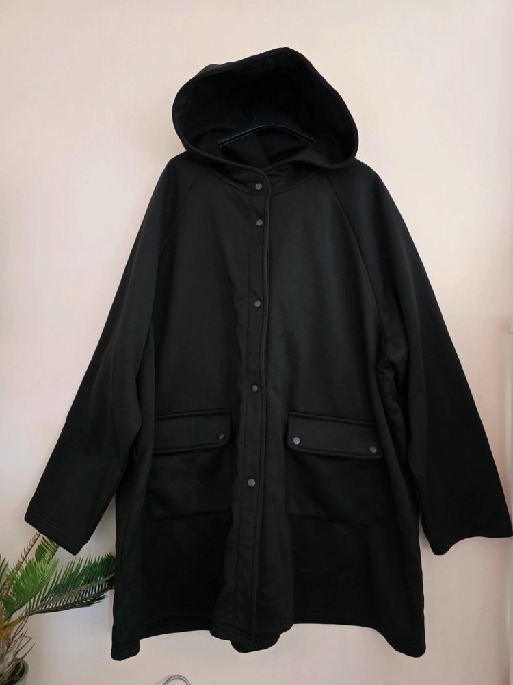 Black Fleece-Lined Hooded Snap-Button Longline Jacket (Plus Size 3XL / UK 18-22) imagen 1