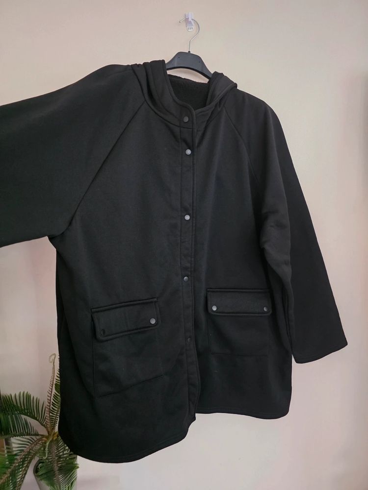 Black Fleece-Lined Hooded Snap-Button Longline Jacket (Plus Size 3XL / UK 18-22) imagen 4