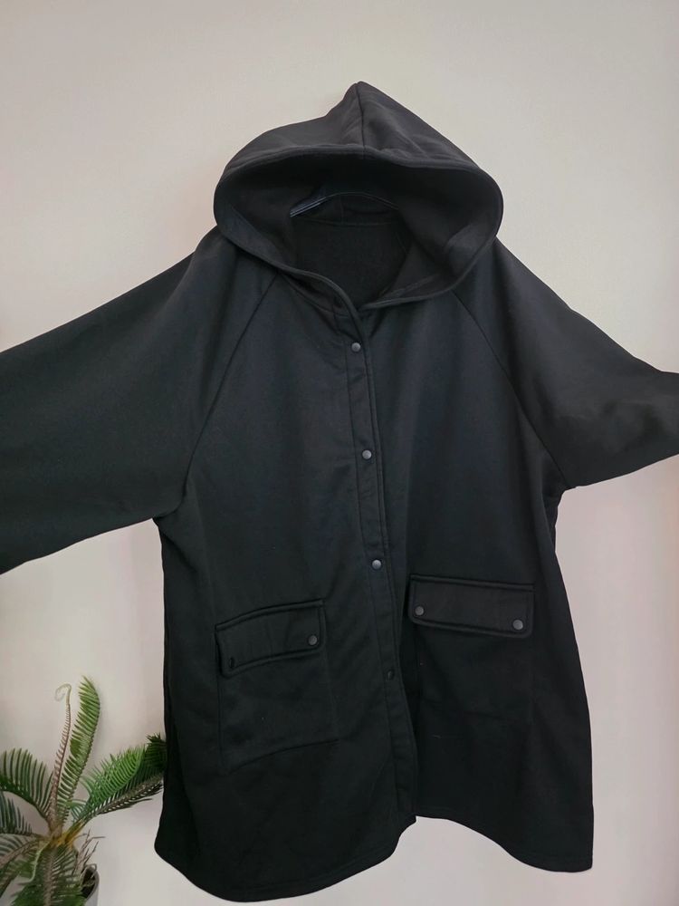 Black Fleece-Lined Hooded Snap-Button Longline Jacket (Plus Size 3XL / UK 18-22) imagen 6