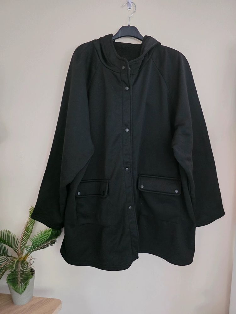 Black Fleece-Lined Hooded Snap-Button Longline Jacket (Plus Size 3XL / UK 18-22) imagen 3