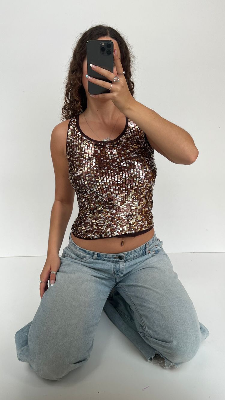 00s brown sequin tank top- size S/M image 1