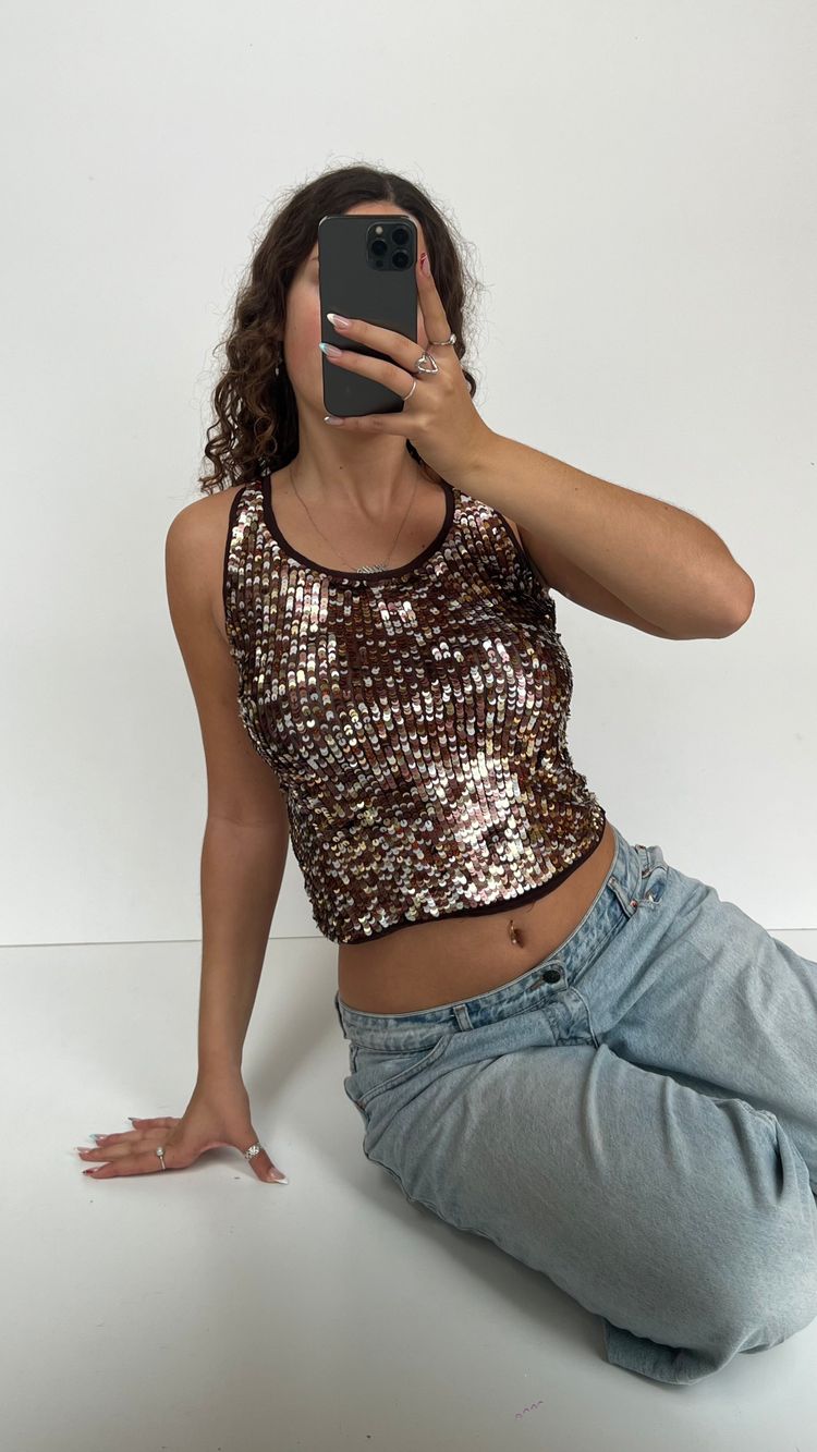 00s brown sequin tank top- size S/M image 4