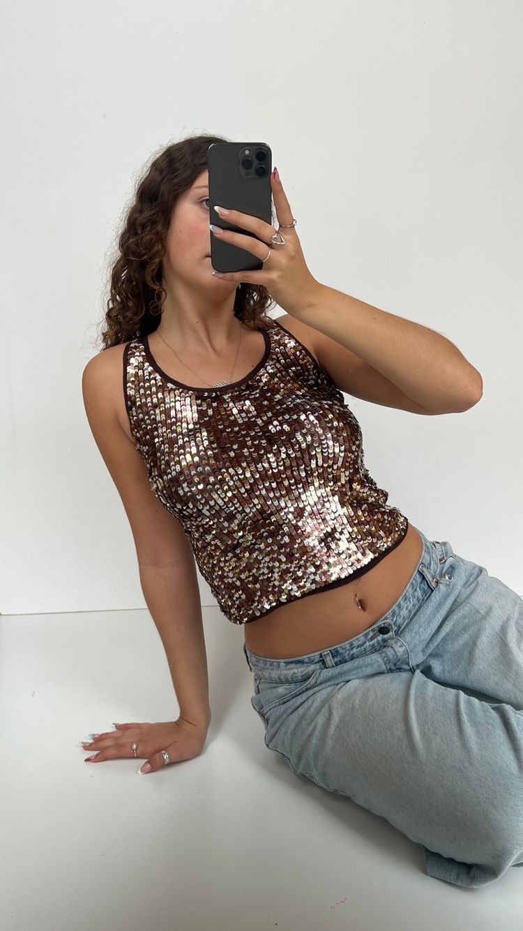 00s brown sequin tank top- size S/M image 5