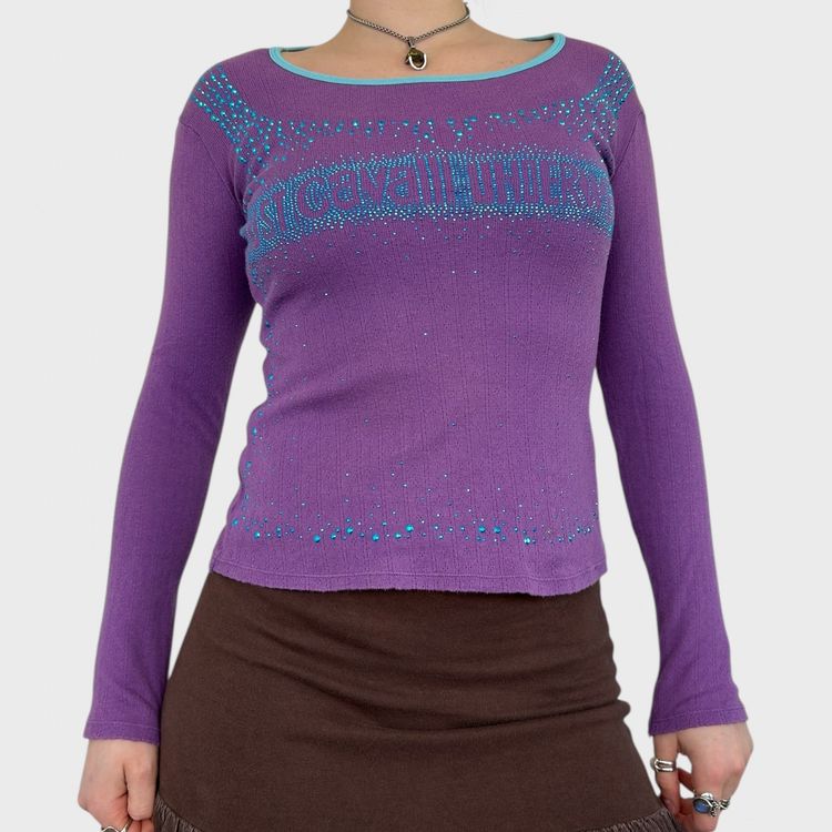 Roberto Cavalli Pointelle Knit Diamante Logo Top - S