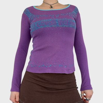 Roberto Cavalli Pointelle Knit Diamante Logo Top - S