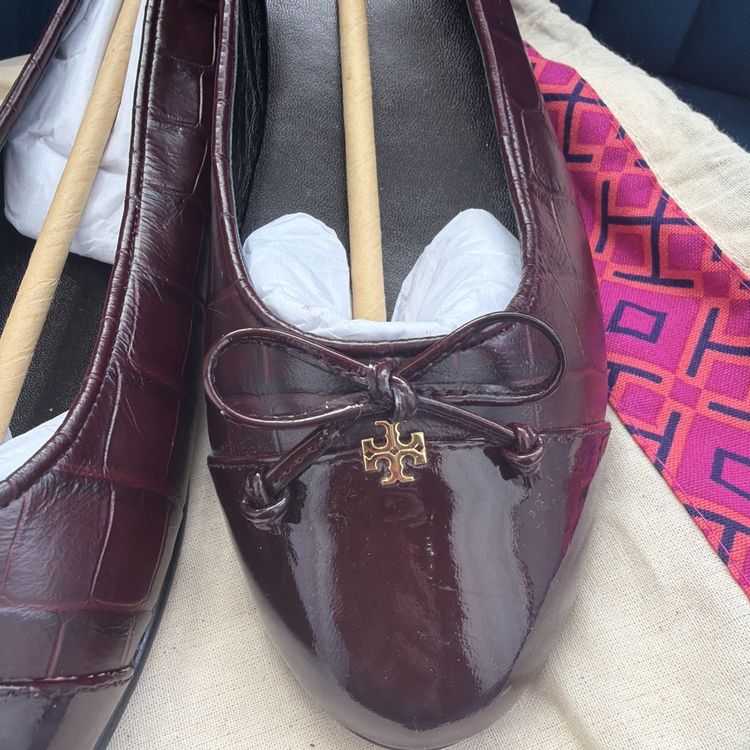 Tory Burch Cap-Toe Ballet Flats Burgundy Croc Leather Uk 7 New With Dustbag image 2