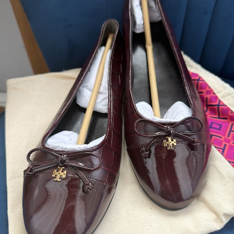 Tory Burch Cap-Toe Ballet Flats Burgundy Croc Leather Uk 7 New With Dustbag image 1