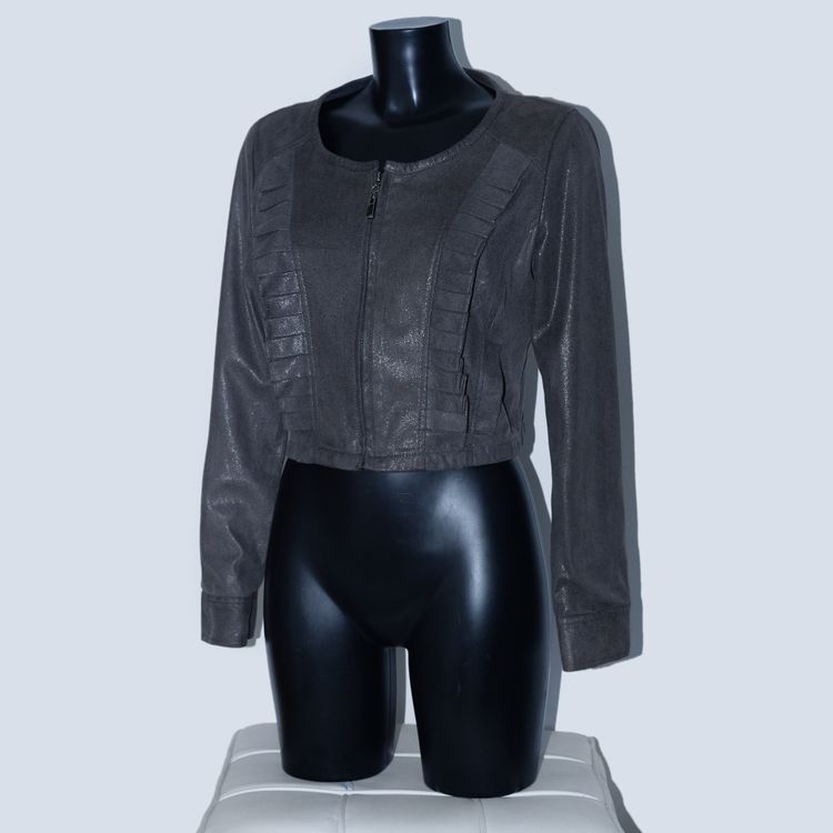 Sepia Grey French Vintage Ruffle Cropped Biker Jacket Y2K 2000s