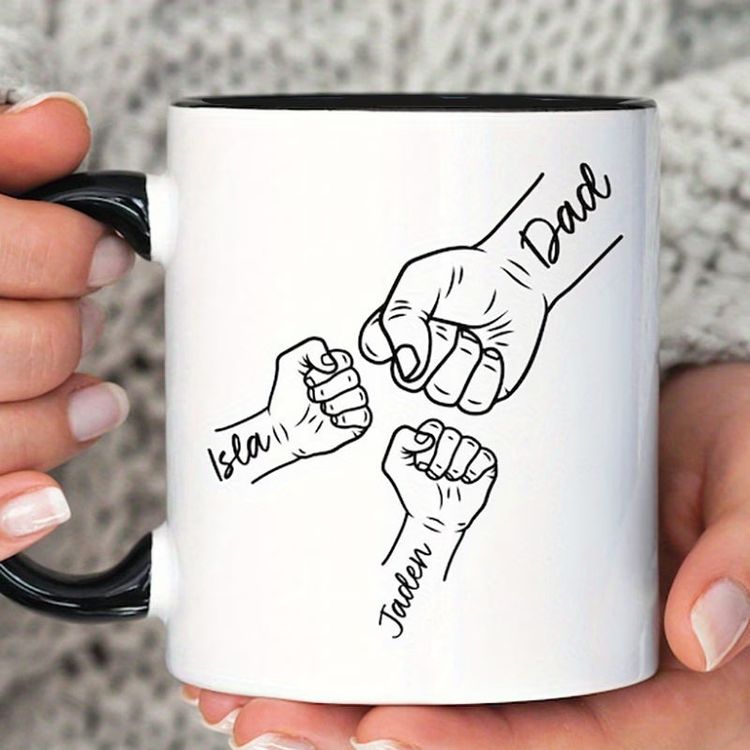 Personalized Dad & Kids Fist Bump Ceramic Coffee Mug – Custom Names Father's Day, Family Line Art & Dad Appreciation Novelty Cup (M1176) 1