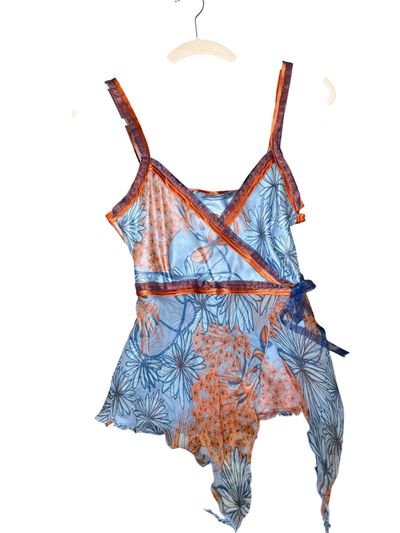 blue and orange floral wrap top