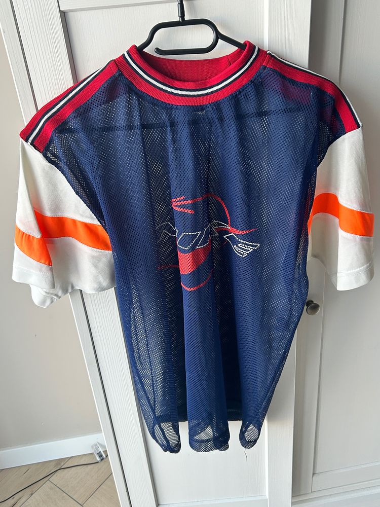 Blue Mesh Sports Jersey With Red And White Sleeves