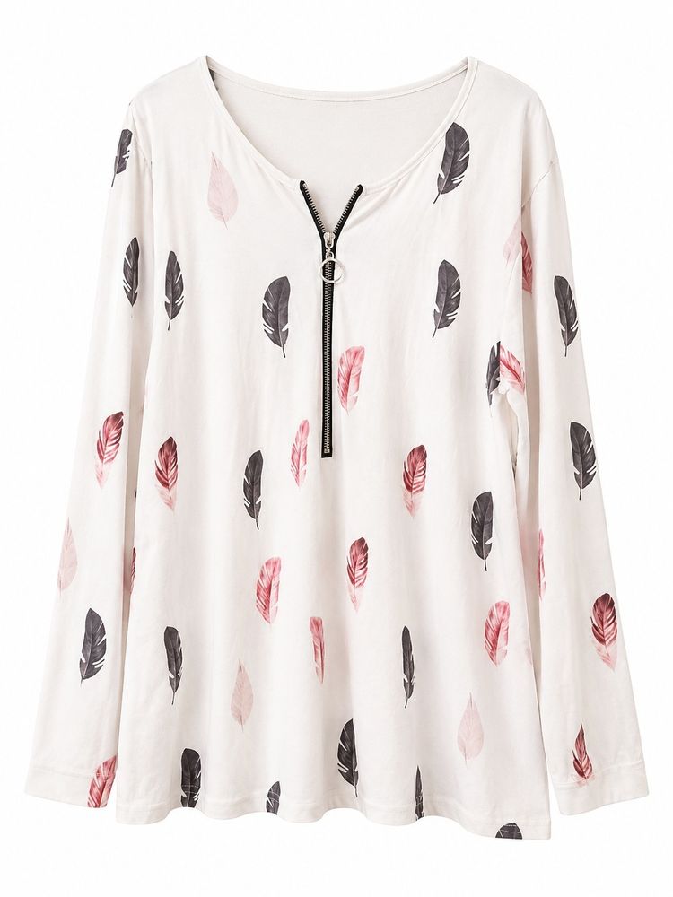 Other Item 71 White Long Sleeve Top With Feather Print And Zipper product image
