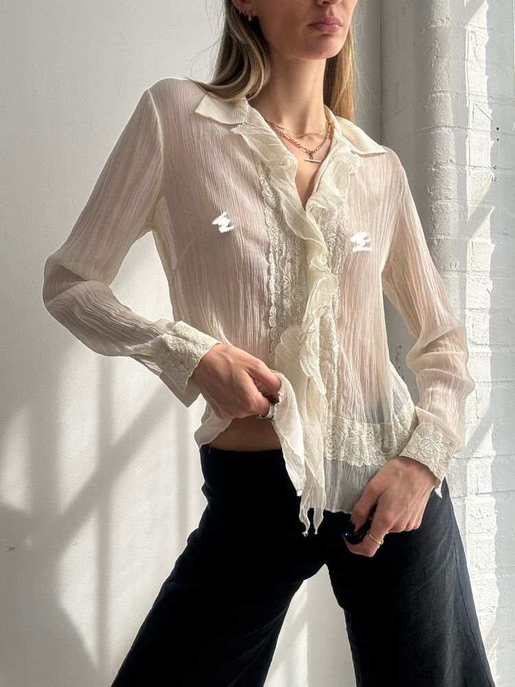 Sheer Cream Blouse With Lace And Ruffle Details