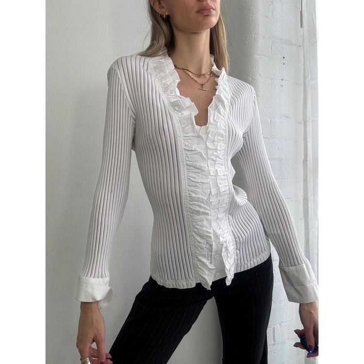 White Ribbed Blouse With Ruffle Trim