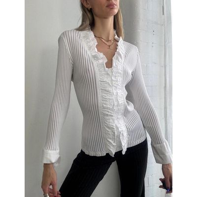 White Ribbed Blouse With Ruffle Trim