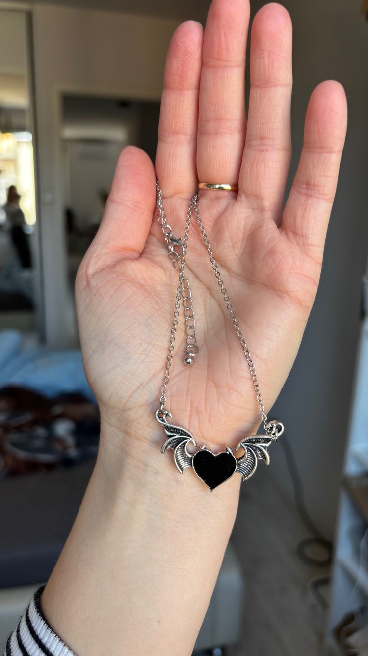 Silver Necklace With Black Heart Pendant