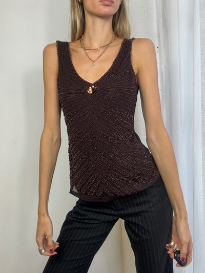 Brown Sleeveless Beaded Top