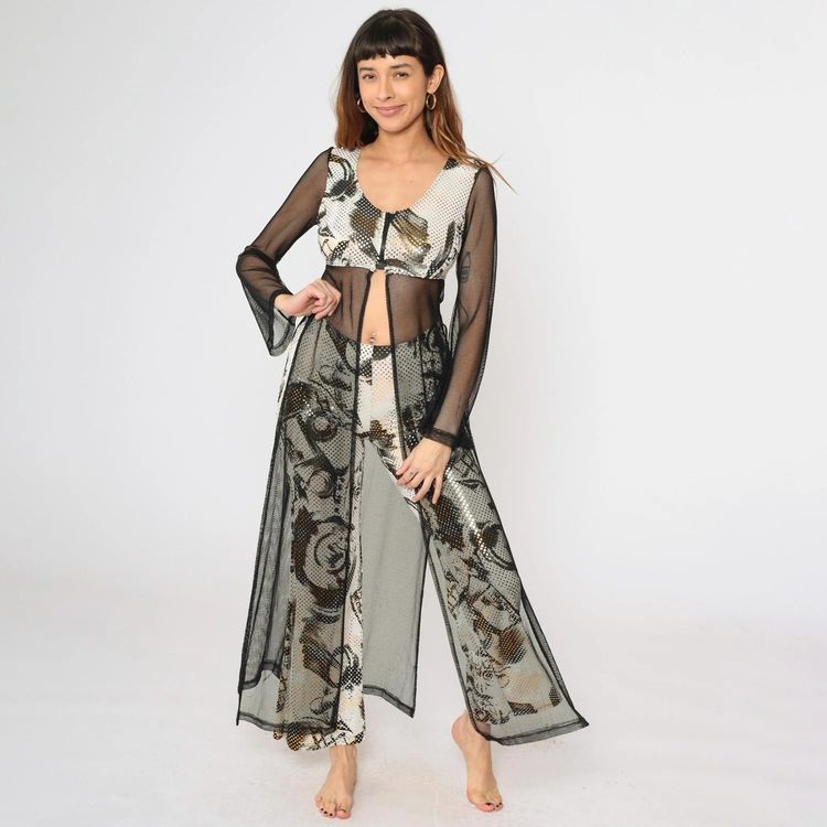 Black Mesh Long Sleeve Top With Patterned Pants obraz 2