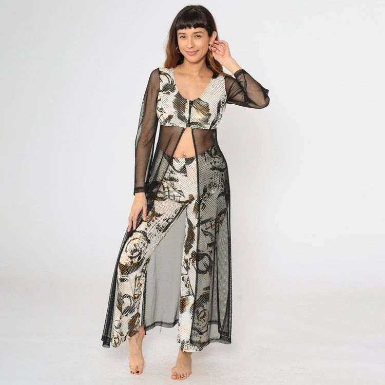 Black Mesh Long Sleeve Top With Patterned Pants obraz 3