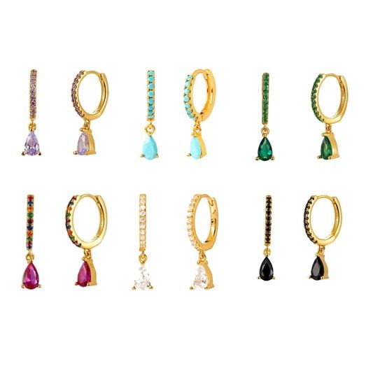 Black Gold-Tone Drop Earrings With Colored Stones