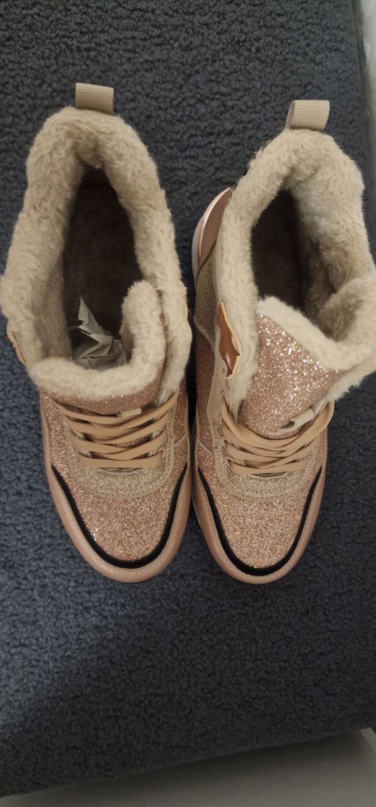 Beige Glitter High-Top Sneakers With Fur Lining image 5