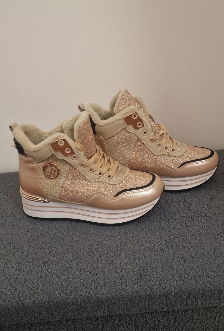 Beige Glitter High-Top Sneakers With Fur Lining image 4
