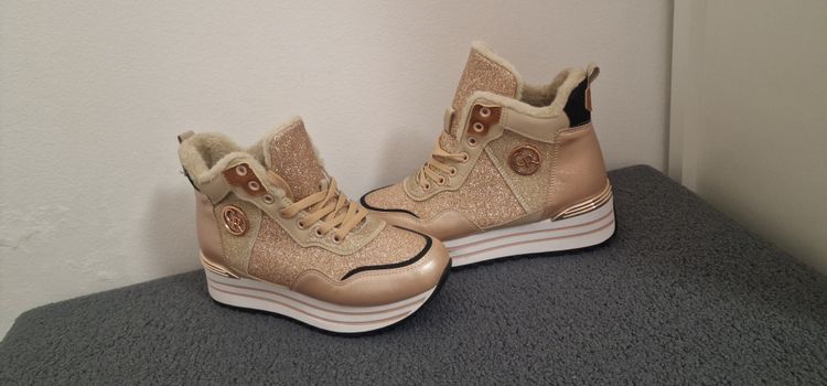 Beige Glitter High-Top Sneakers With Fur Lining image 1