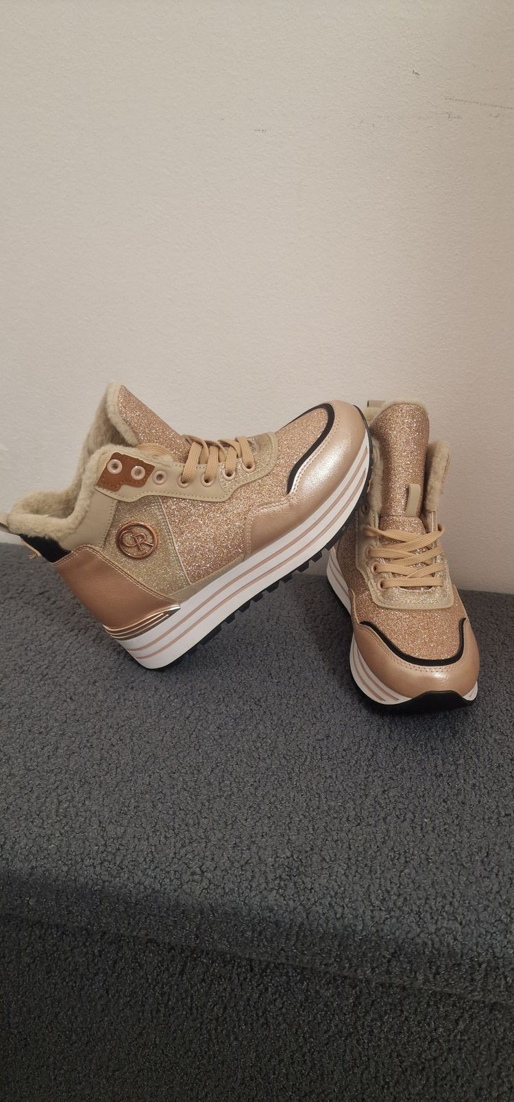 Beige Glitter High-Top Sneakers With Fur Lining image 2