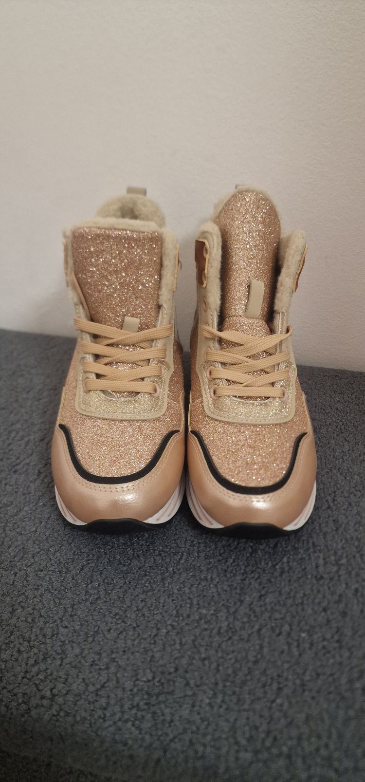 Beige Glitter High-Top Sneakers With Fur Lining image 3