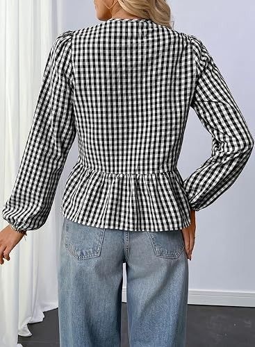 Immagine di Black And White Gingham Long Sleeve Blouse 3