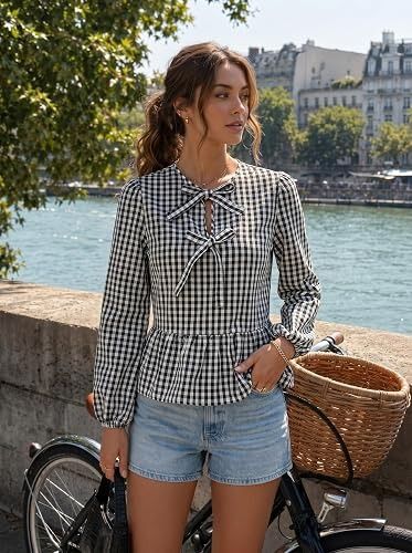 Immagine di Black And White Gingham Long Sleeve Blouse 2
