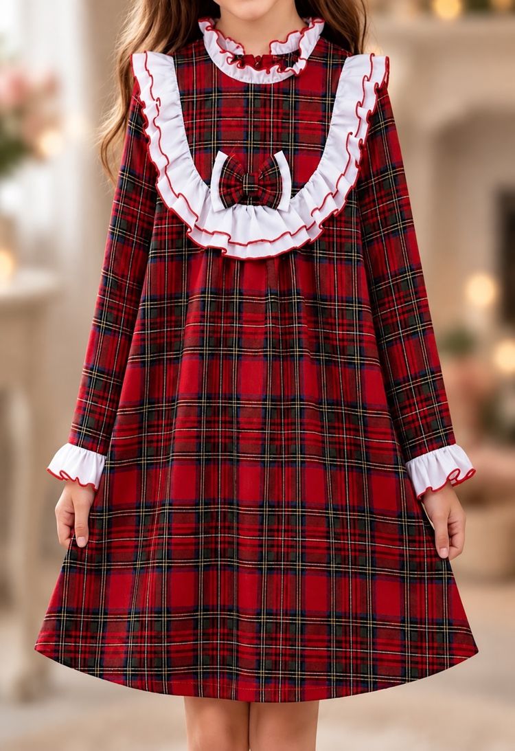 Red Plaid Dress With White Ruffle Details image 1