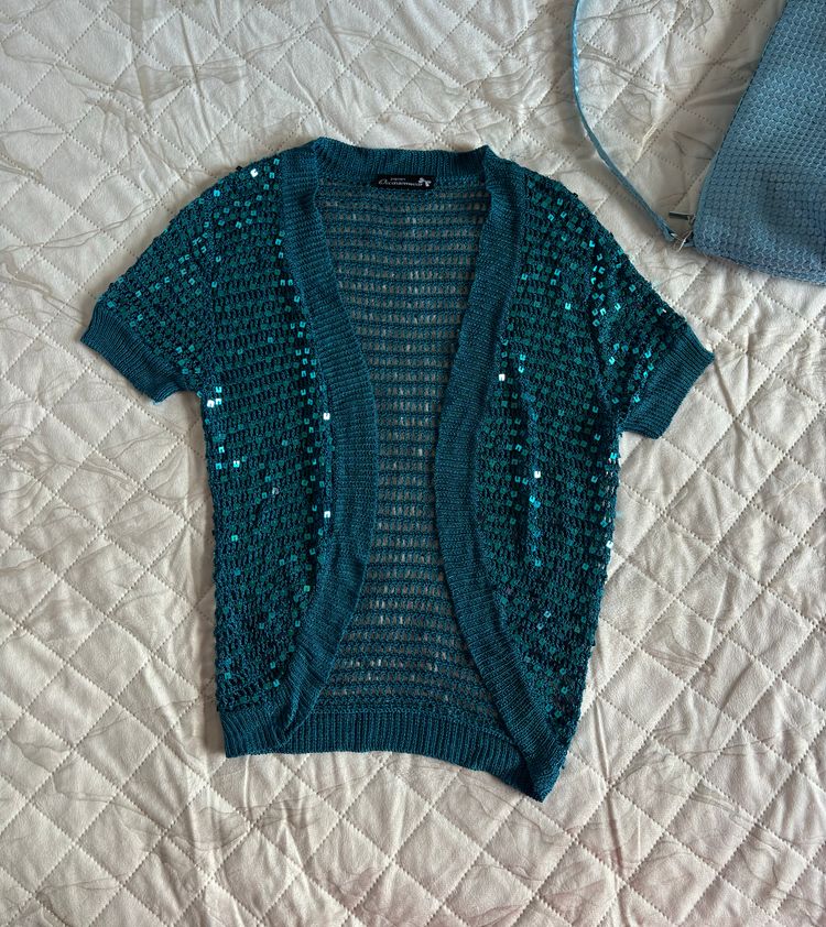Papaya Occasionwear Teal Open-Knit Short Sleeve Cardigan