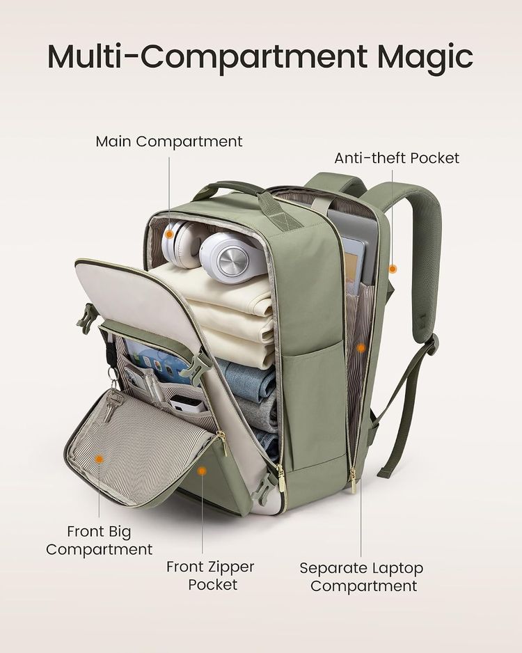 Green And Beige Multi-Compartment Backpack With Accessories image 3
