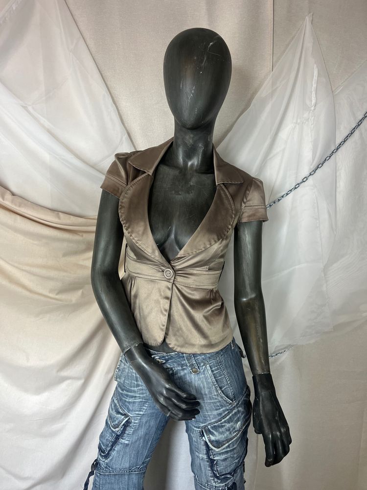 Brown Satin Short Sleeve Blazer Jacket