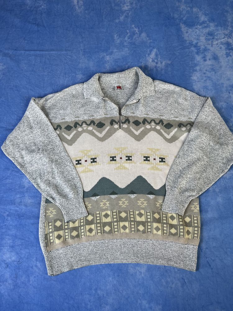 90s Ng Grey Patterned Knit Sweater With Zipper Collar