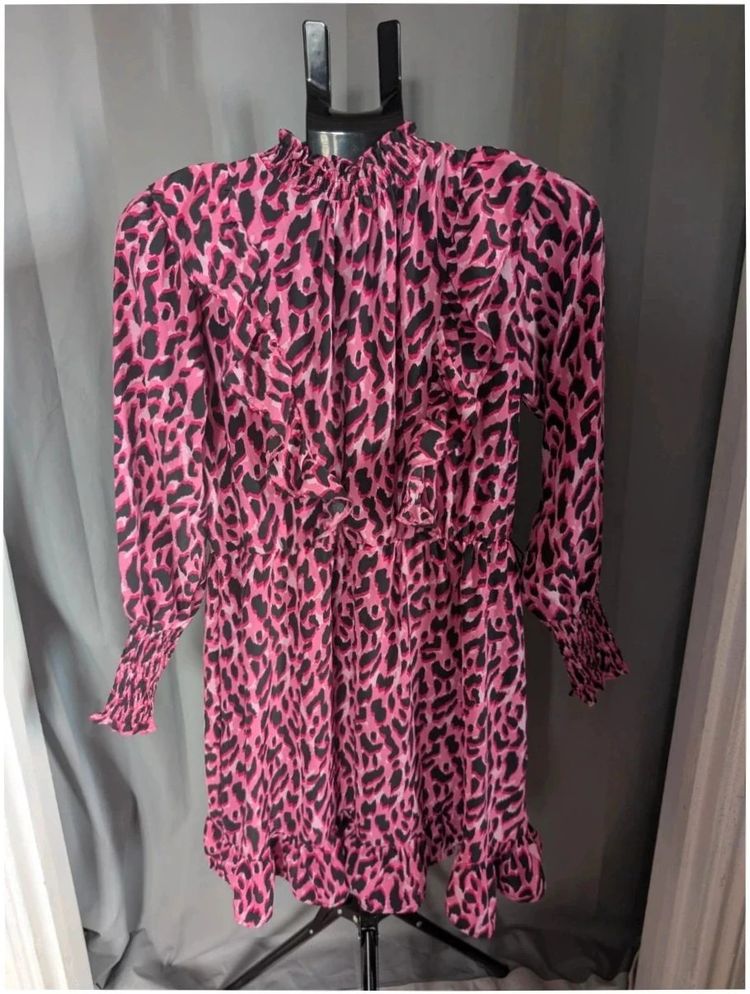 Savida Savida Pink Black Leopard Print Ruffle High Neck Mini Dress Small UK 10 product image
