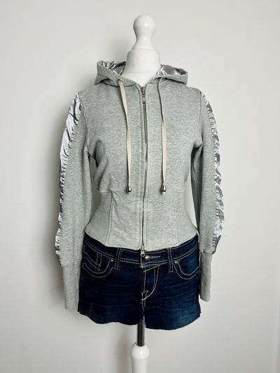 Grey Cinched Waist Dual Zip Hoodie With Satin Side Detail