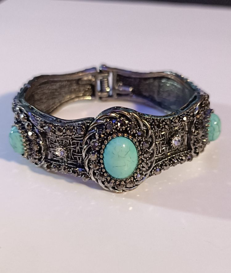 Antique Silver Turquoise Stone Hinged Bangle image 10