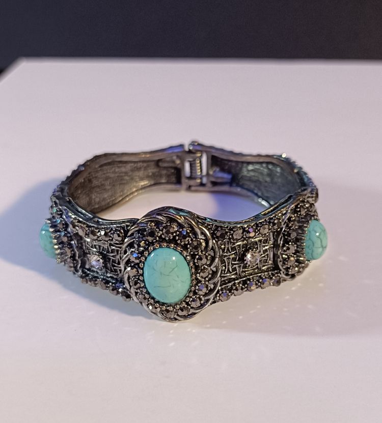 Antique Silver Turquoise Stone Hinged Bangle image 9