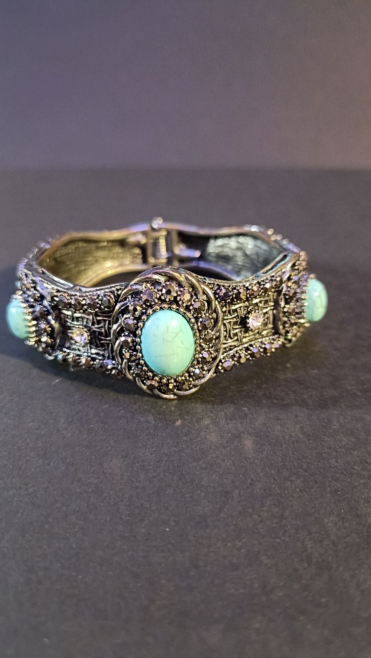 Antique Silver Turquoise Stone Hinged Bangle image 8
