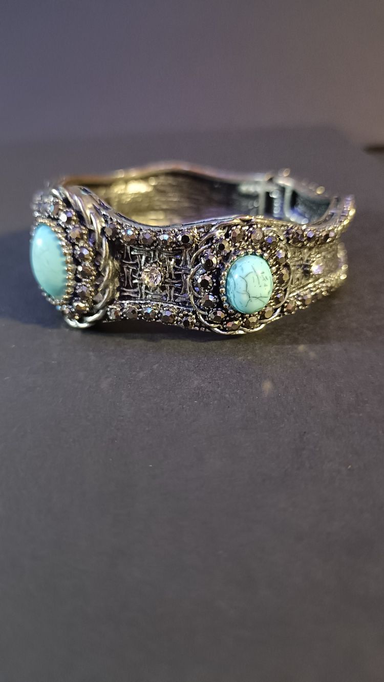 Antique Silver Turquoise Stone Hinged Bangle image 7