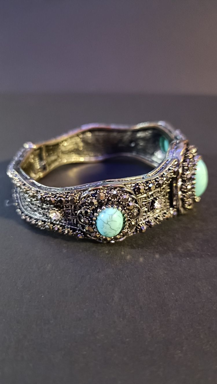 Antique Silver Turquoise Stone Hinged Bangle image 2