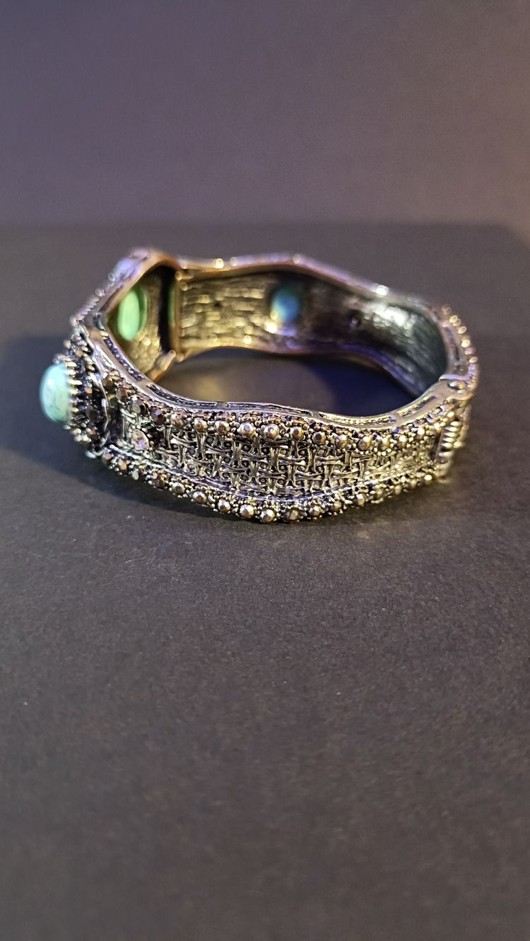 Antique Silver Turquoise Stone Hinged Bangle image 5