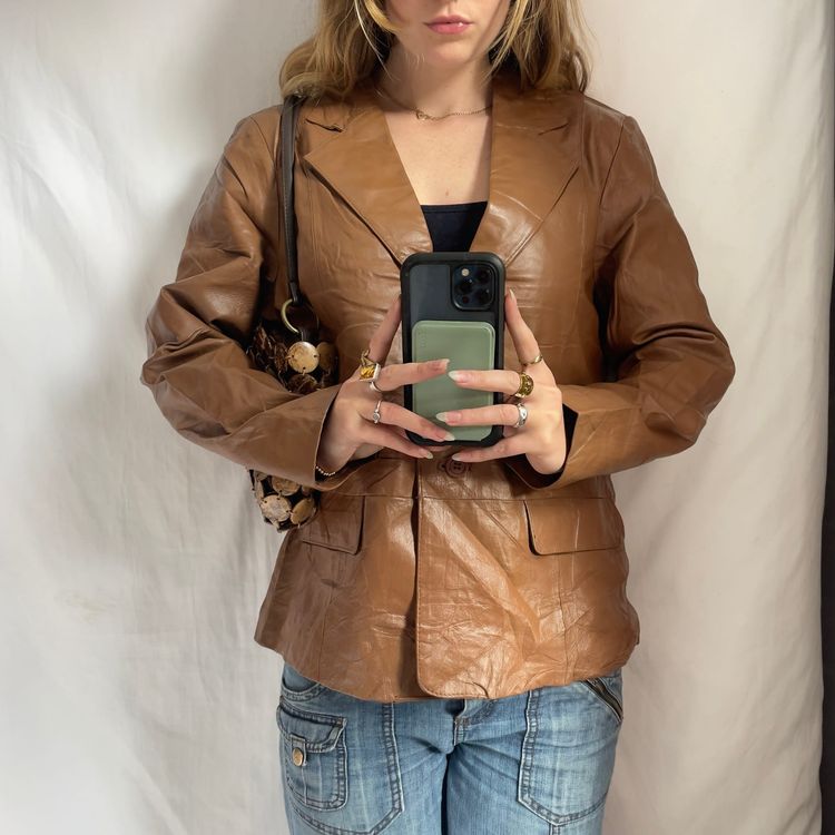 Y2K Chadwick'S Brown Leather Blazer Jacket imagen 1