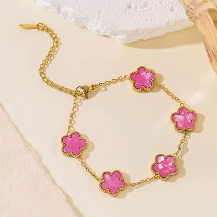 Gold Chain Bracelet With Pink Flower Charms image 1
