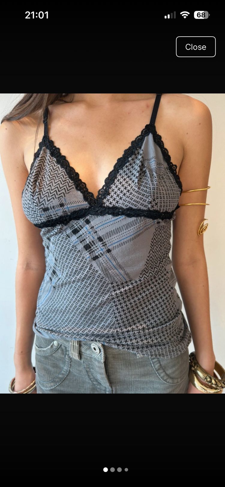 Black And Gray Patterned Camisole Top With Lace Trim